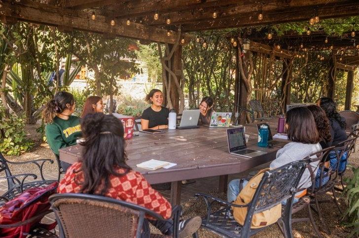 Students sit around a long table with their laptops in the Grove House outdoor classroom.