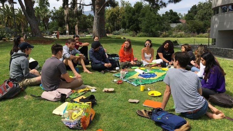 Fourteen students sit on the mounds around a Brazilian flag. 